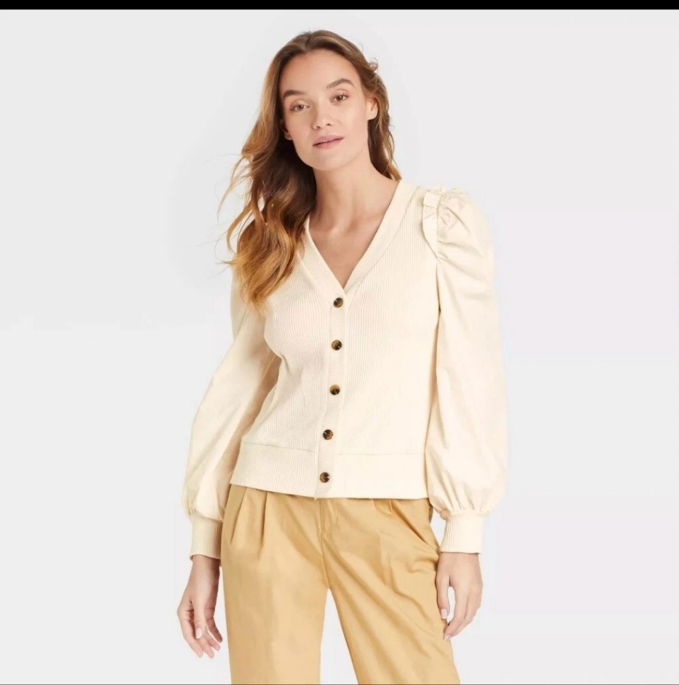 Who What Wear Womens Puff Sleeve Cardigan Ribbed Button Front Minimalist Size L